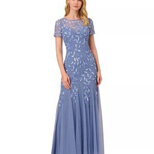 ADRIANNA PAPELL Women's Floral-Design Embellished Gown French Blue Size 14